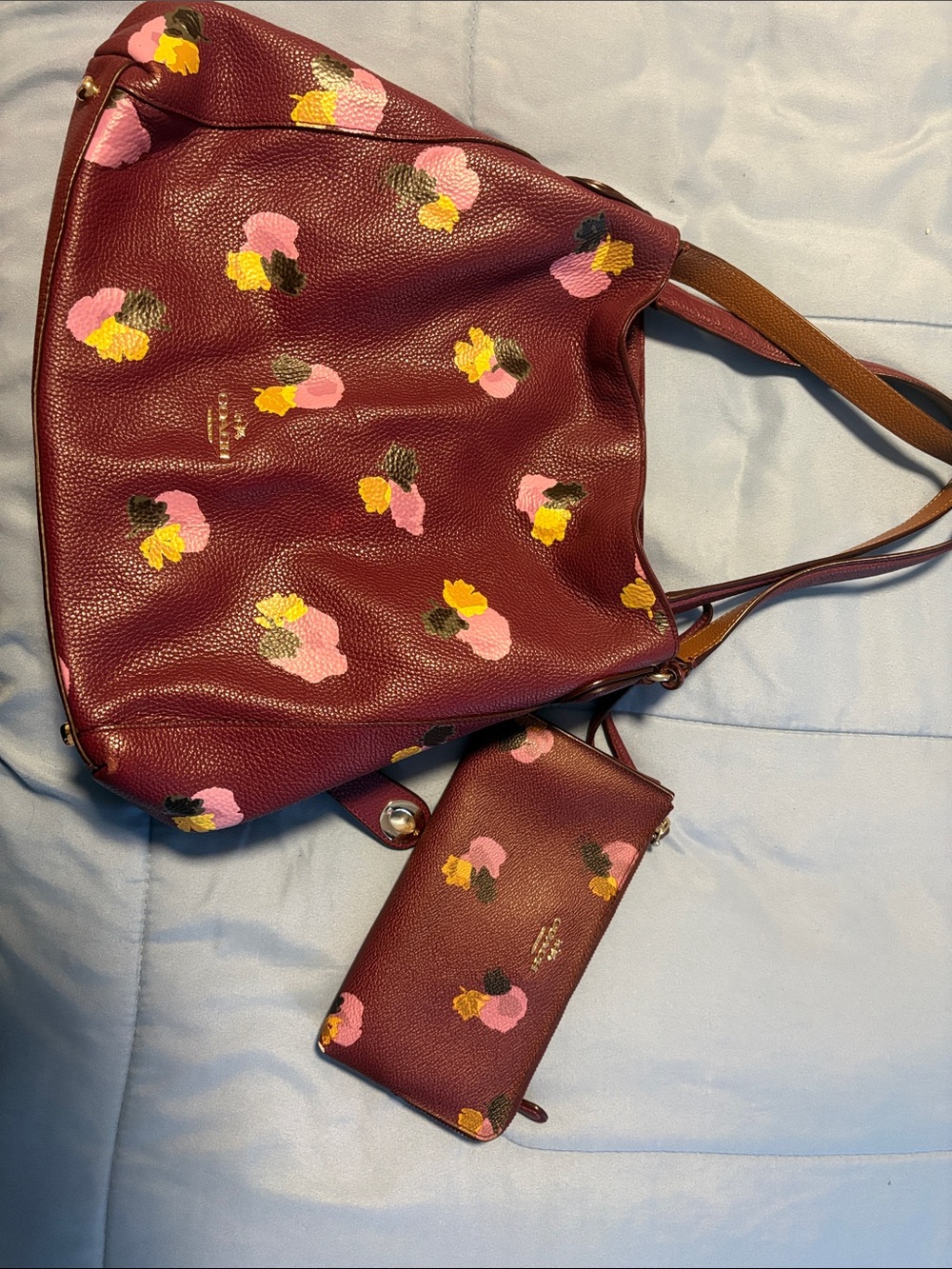 Coach Women's Floral Burgundy Tote Bag with Matching Wallet